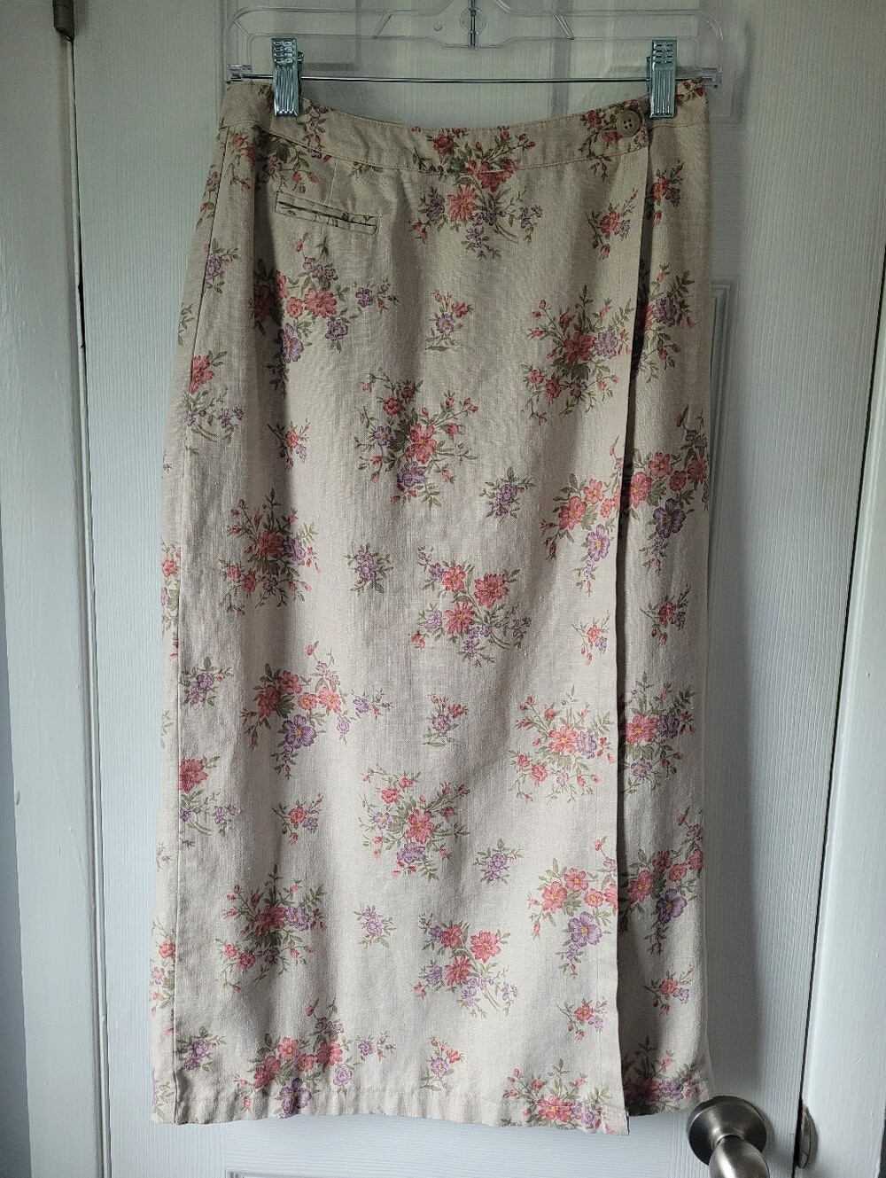 Vintage 90s Eddie Bauer 100% Linen Floral Wrap Midi Skirt Sz 6